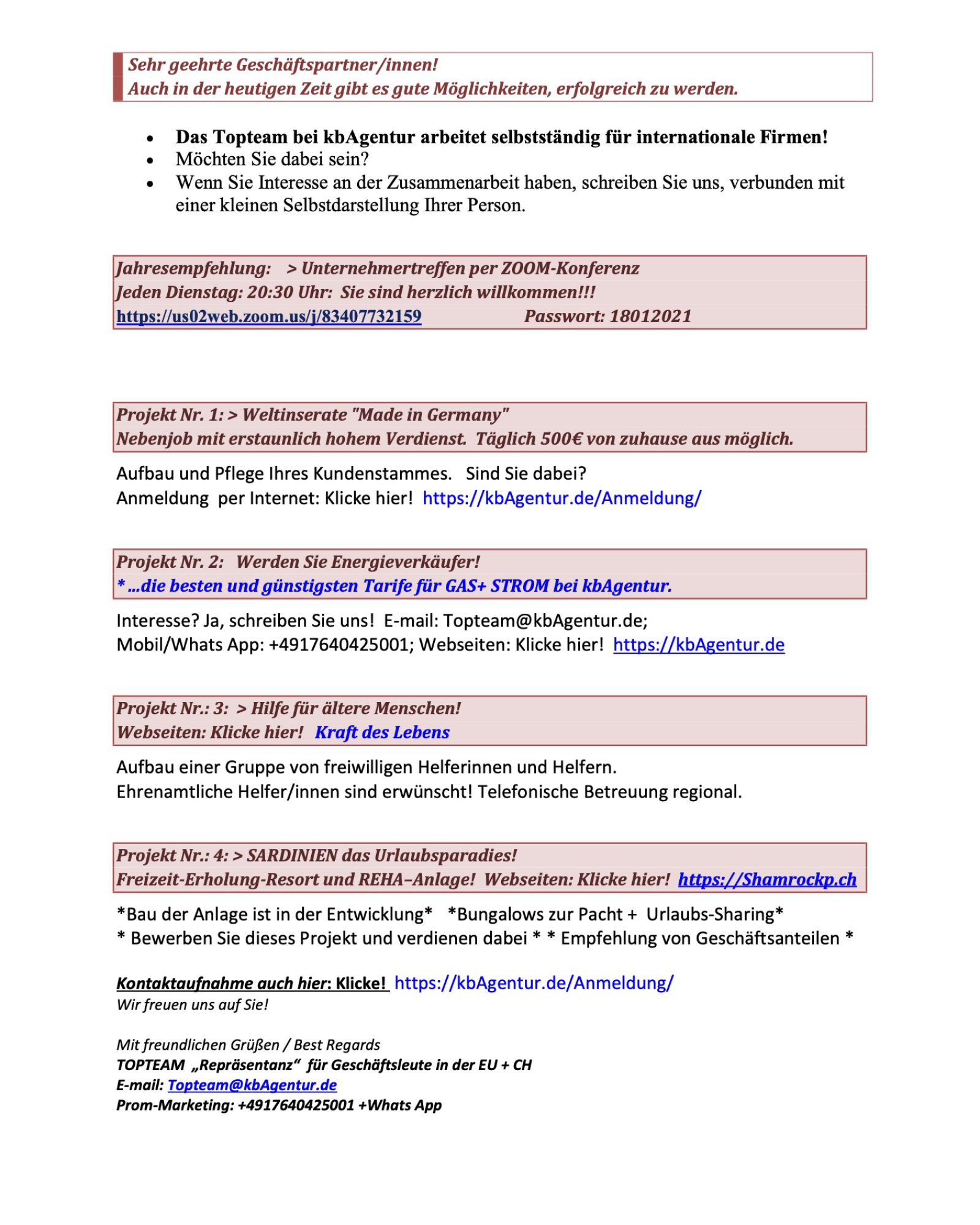 Sehr geehrte Geschäftspartner